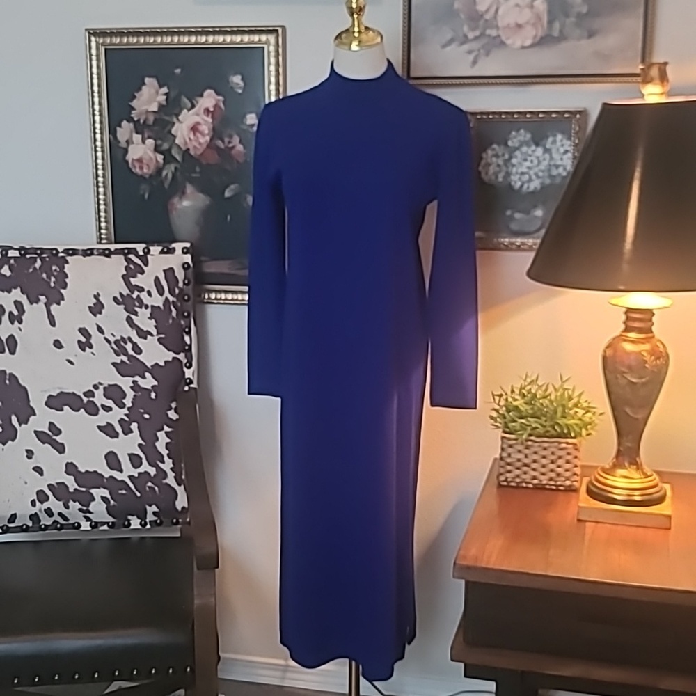 Nina Leonard Cobalt Blue Long-Sleeve Mock Neck Dress - Picture 2 of 10